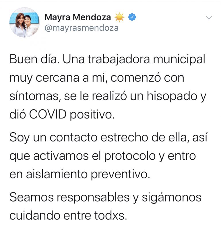 Mayra Mendoza está en aislamiento preventivo