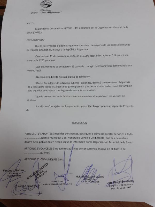 Coronavirus: Piden eximir de tareas a empleados municipales y cancelar eventos masivos en Quilmes